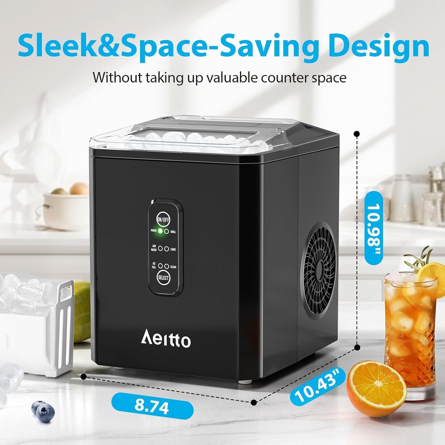 Aeitto Ice Makers Countertop, 9 Ice Cubes Release in 6 Mins, 26Lbs/24H, 2 Sizes of Bullet Ice Machine,Self-Cleaning Portable Ice Maker with Ice Scoop and Basket for Home Kitchen Office RV Bar, Black