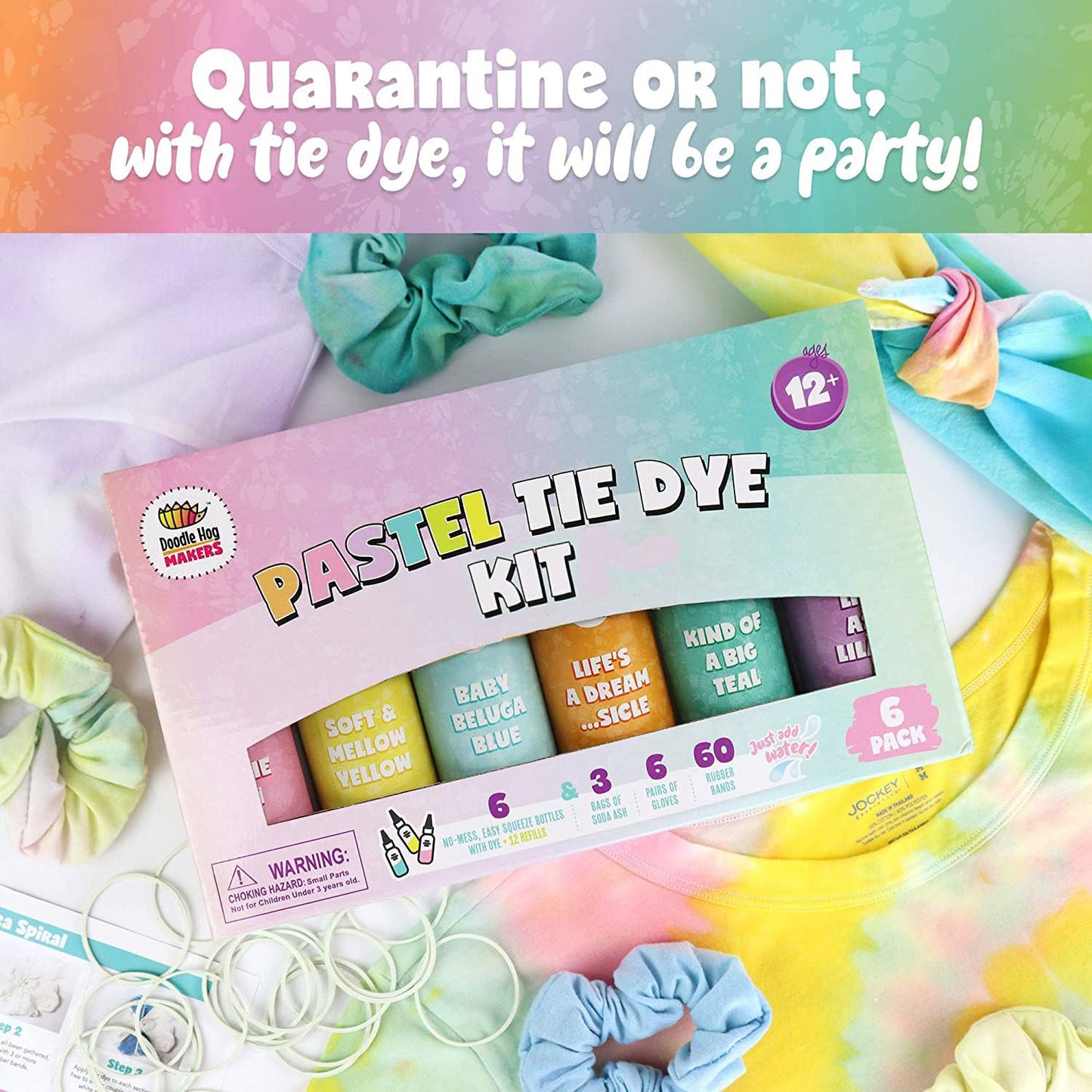 DOODLE HOG Pastel Tie Dye Kit for Large Groups, DIY Tie Dye Kit for Kids, Clothing Dye Supplies, Tie Dye Kits for Adults, 6 Full Bottles, 12 Refills Packets