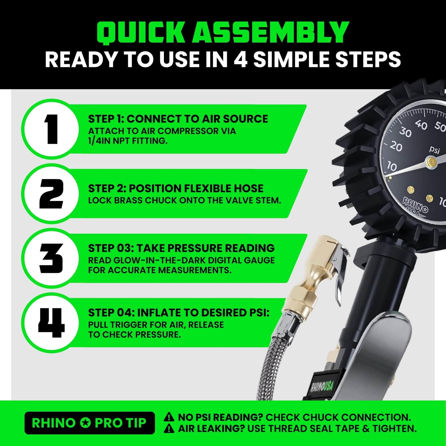 Rhino USA Tire Pressure Gauge with Inflator (0-100 PSI) - Heavy Duty Air Chuck and Compressor Accessories with Stainless Braided Hose, Large Analog Dial and Solid Brass Hardware for Truck and RV