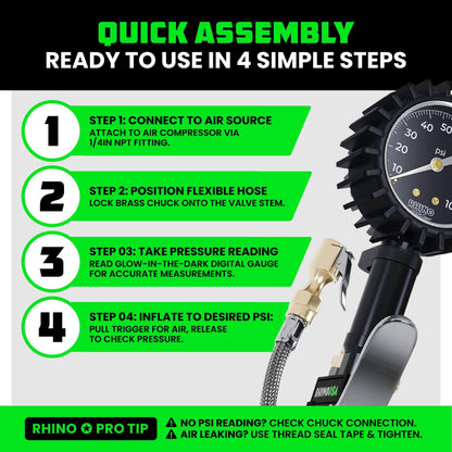 Rhino USA Tire Pressure Gauge with Inflator (0-100 PSI) - Heavy Duty Air Chuck and Compressor Accessories with Stainless Braided Hose, Large Analog Dial and Solid Brass Hardware for Truck and RV