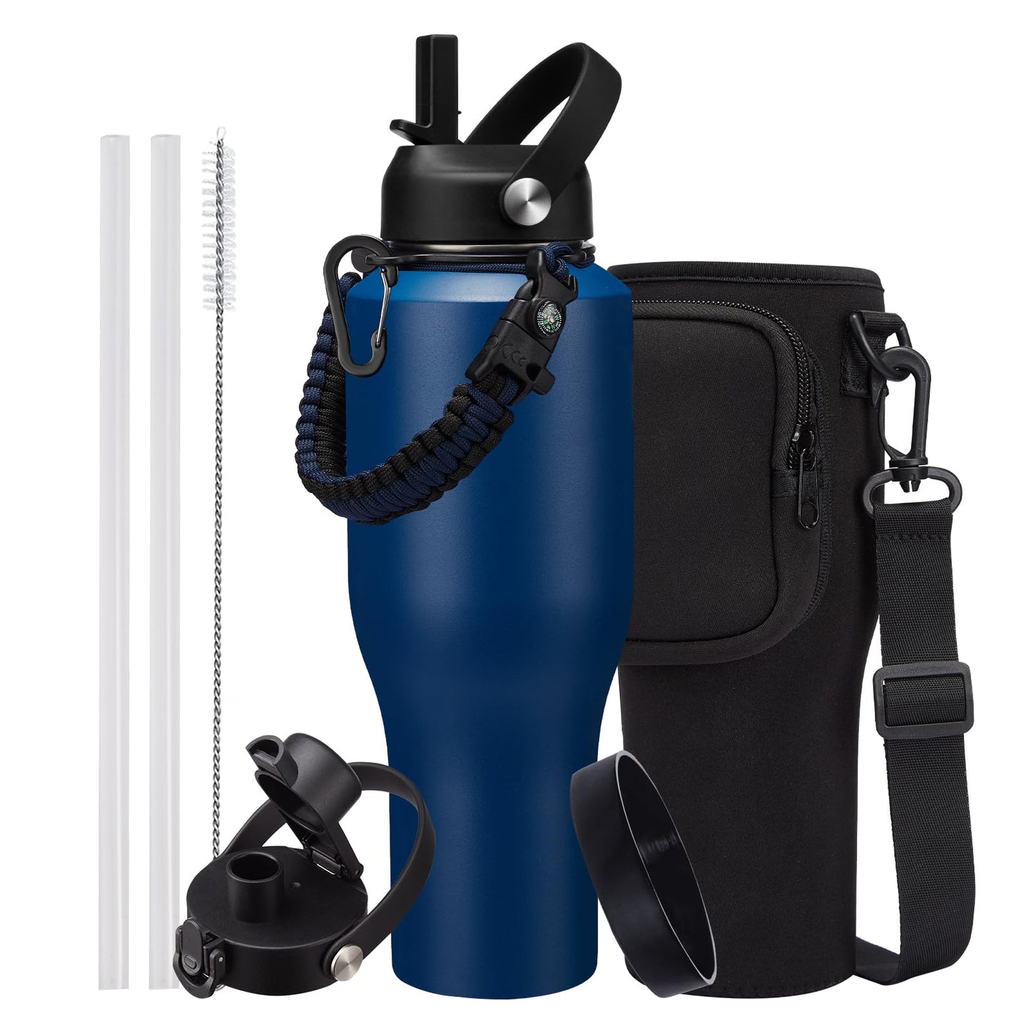 40oz Water Bottle with Straw - Vacuum Stainless Steel Insulated Cups w/Survival Paracord Handle & Carrier Bag, Skinny Water Bottle Insulated Water Bottle Fits in Cup Holder for Travel Drive