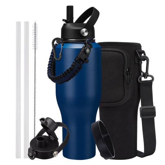 40oz Water Bottle with Straw - Vacuum Stainless Steel Insulated Cups w/Survival Paracord Handle & Carrier Bag, Skinny Water Bottle Insulated Water Bottle Fits in Cup Holder for Travel Drive