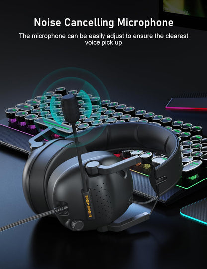 SENZER SG500 Surround Sound Pro Gaming Headset with Noise Cancelling Microphone - Soft Memory Foam Padding - Portable Foldable Headphones for PC, PS4, PS5, Xbox One, Switch - Black