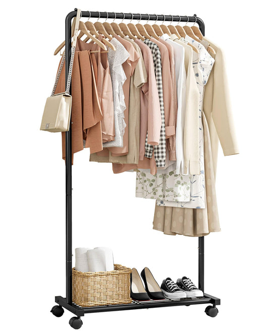 Sakugi Clothes Rack - Clothing Rack with Storage Mesh Shelf & Casters, Heavy-Duty Metal Clothing Rack for Hanging Clothes, Dresses, Coats, Large Load Capacity, Easy Assembly, Black, 28.0"x14.0"x59.0"