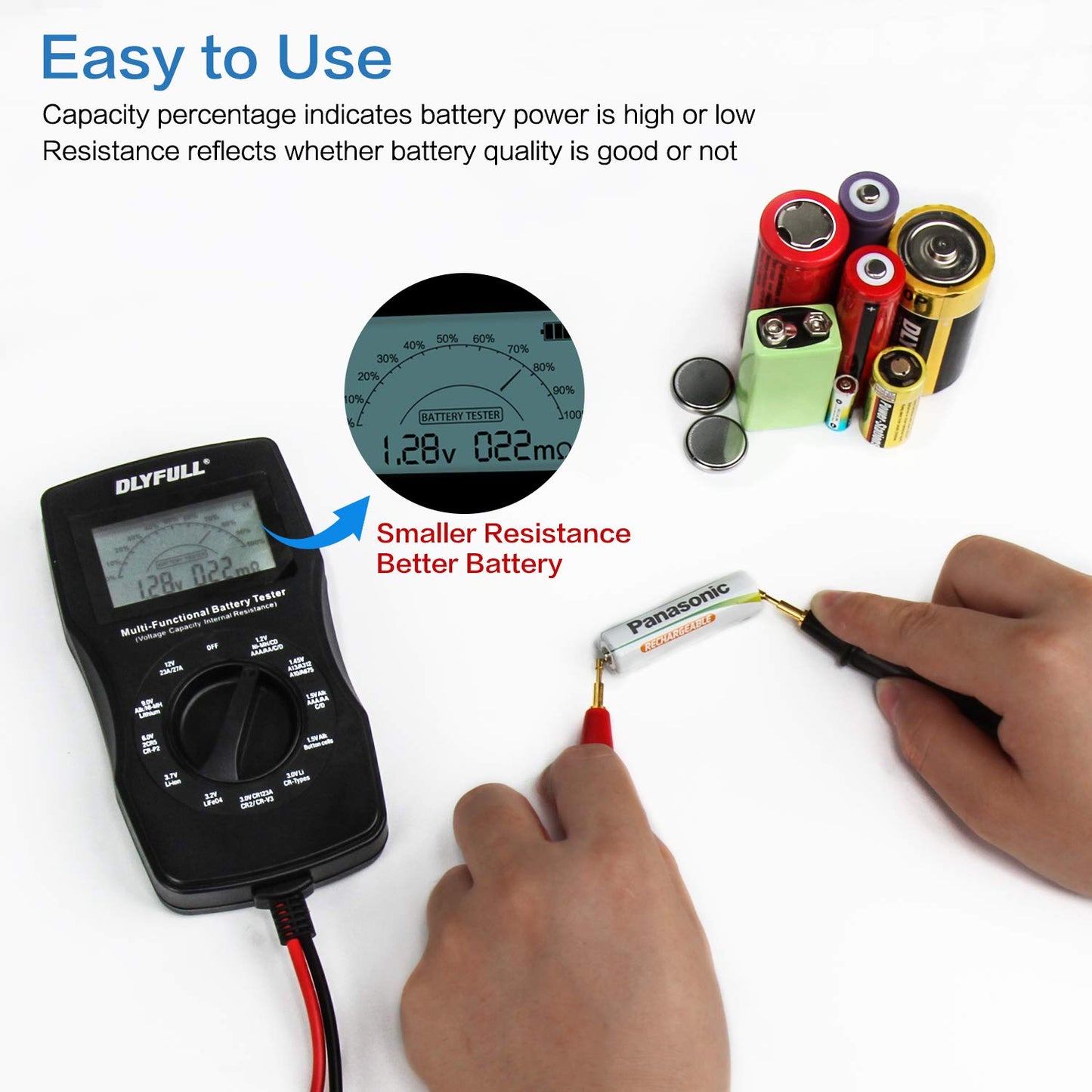Universal Battery Checker Tester with Leads LCD Display, Battery Capacity Voltage Resistance Tester for AAA AA C D 9V Digital 12V 3.7V Li-ion 18650 CR123A CR2032 Button Cell Batteries More