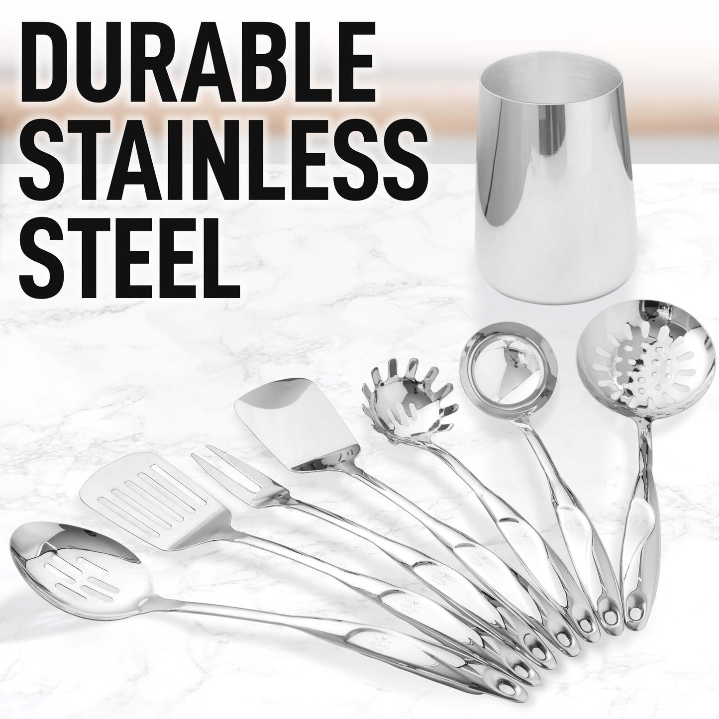 Zulay Kitchen Stainless Steel Cooking Utensil - Stainless Steel Kitchen Utensil - Durable Kitchen Gadgets - Metal Kitchen Accessories - Easy to Clean Kitchen Tools - 8 Piece Set