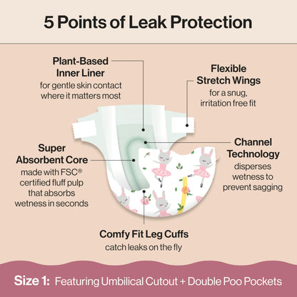 The Honest Company Clean Conscious Diapers for Delicate Skin | Up to 100% Leakproof | Hypoallergenic, Fragrance Free | Girl Prints | Club Box, Size 1 (8-14 lbs), 78 Count (Prints May Vary)