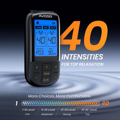 AVCOO 3-in-1 TENS Unit with 32 Modes, Dual Channel EMS Muscle Stimulator with 40 Intensities for Gradual Pain Relief Therapy, Rechargeable Electronic Pulse Massager with 12 Electrode Pads, EVA Case