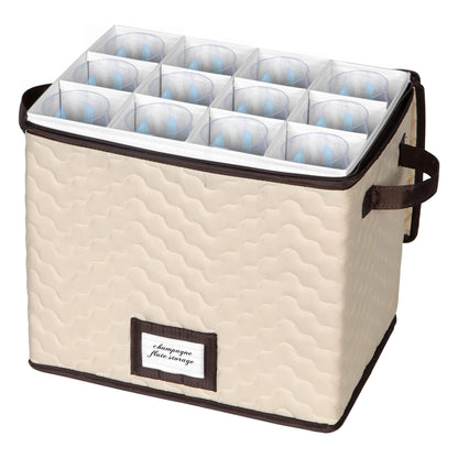 Champagne Flute Glass Storage Box with Dividers - Holds 12 Champagne Flute Glass up to 3" Wide - Stemware Storage Case - Protects Fine China - Durable Quilted Microfiber Bin with Carry Handles