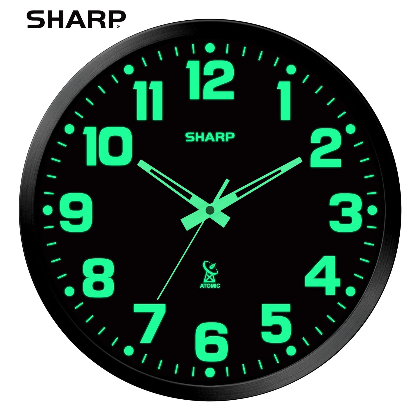 Sharp Glow in The Dark Atomic Analog Wall Clock - 12" Clock with Black Frame - Sets Automatically - Battery Operated - Easy to Read - Easy to Use – See Day or Night!