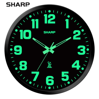 Sharp Glow in The Dark Atomic Analog Wall Clock - 12" Clock with Black Frame - Sets Automatically - Battery Operated - Easy to Read - Easy to Use – See Day or Night!