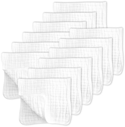SWEET DOLPHIN 12 Pack Muslin Burp Cloths Large 100% Cotton Hand Washcloths for Baby - Baby Essentials Extra Absorbent and Soft Boys & Girls Milk Spit Up Rags for Newborn Registry - White, 20" X10"