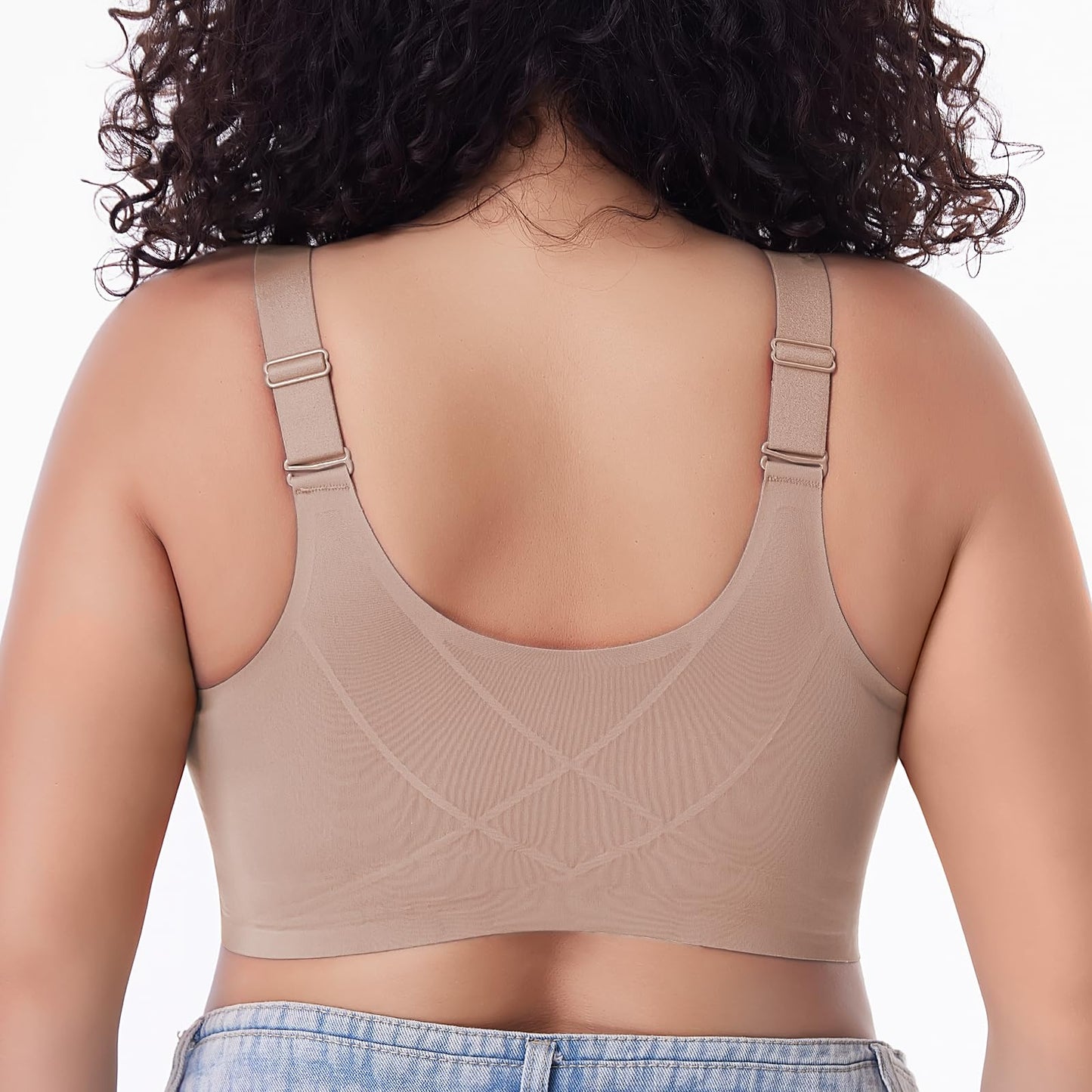 Starmiss Seamless Front Closure Bra for Women Posture Back Smoothing Wireless Brasieres, Beige, XL