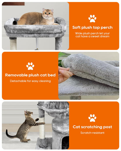 SYANDLVY Small Cat Tree for Indoor Cats, Activity Cat Tower with Scratching Post for Kittens, Modern Cat Furniture with Basket & Hanging Ball for Play Rest, Grey