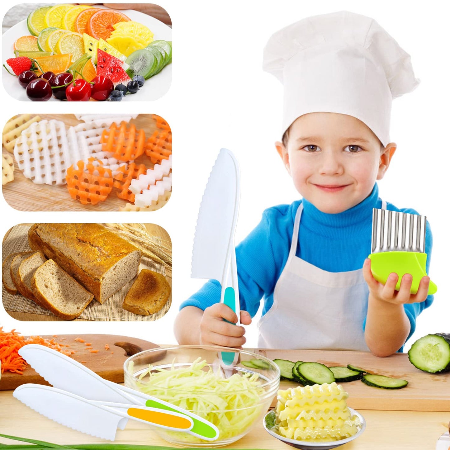 TAORISH 4 Pcs Kids Knife Set, Kids Kitchen Knife with Crinkle Cutter, Serrated Edges Plastic Toddler Chef Knife for Real Cooking & Cutting Fruit Bread