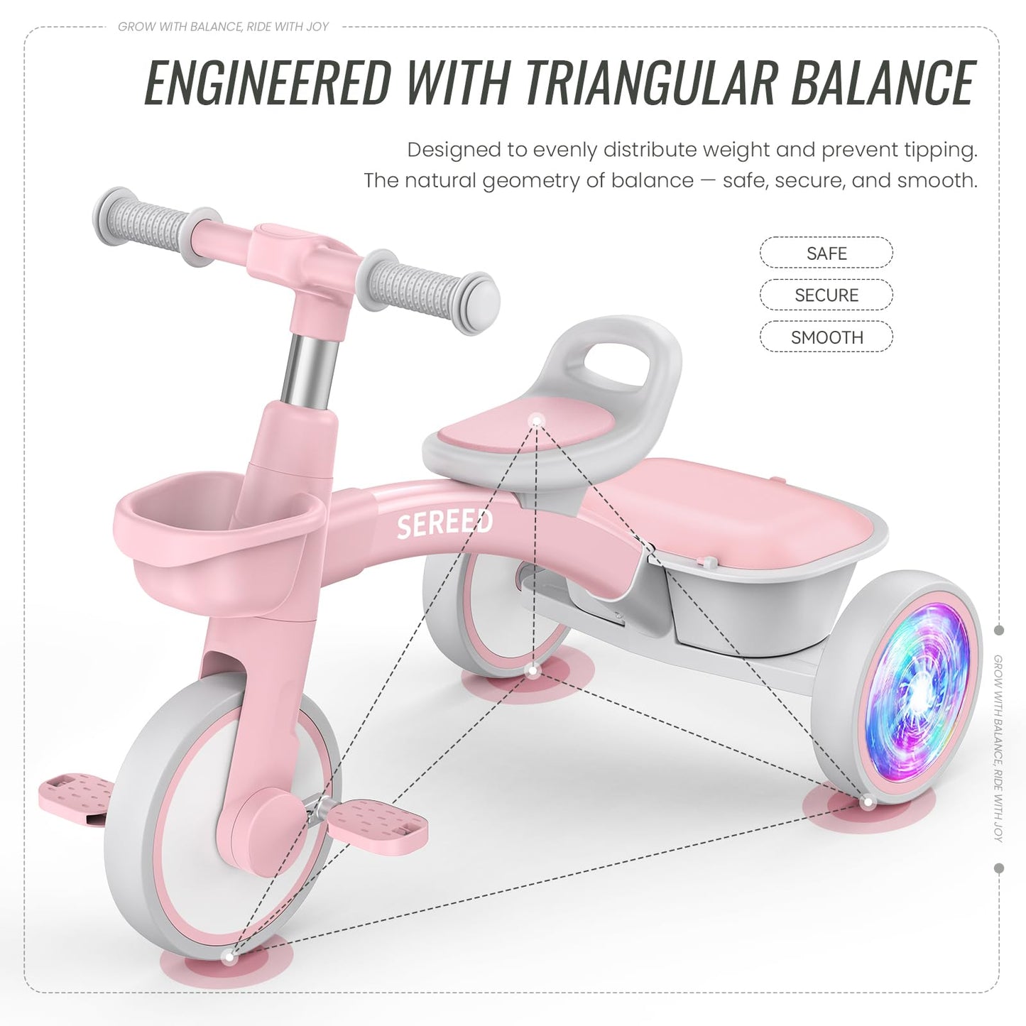 SEREED Colorful Lighting Toddler Tricycle for 2-5 Years Old Girls, Adjustable Seat&Handlebar Trike, Removable Basket, Birthday Gift Idea for Kids Ages 2+ (Pink)