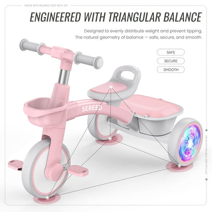 SEREED Colorful Lighting Toddler Tricycle for 2-5 Years Old Girls, Adjustable Seat&Handlebar Trike, Removable Basket, Birthday Gift Idea for Kids Ages 2+ (Pink)
