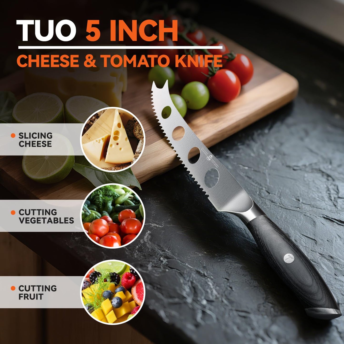 TUO Cheese Knife, 5" Cheese Knives Slicer for Block Cheese, Serrated Tomato Knife, Forked Tips & Non-Stick Blade, High Carbon German Steel, Ergonomic Pakkawood Handle with Gift Box, Falcon Series