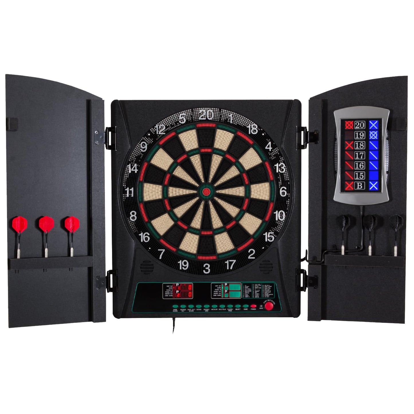 Arachnid Cricket Maxx 1.0 Electronic Dartboard Cabinet Set - Walnut Finish Doors - 34 Game Types with 183 Variations - Up to 8 Players - Includes Six Soft Tip Darts