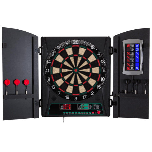 Arachnid Cricket Maxx 1.0 Electronic Dartboard Cabinet Set - Walnut Finish Doors - 34 Game Types with 183 Variations - Up to 8 Players - Includes Six Soft Tip Darts