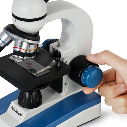 AmScope M150 Series Portable LED Monocular Student Compound Microscope - 40X-1000X Magnification - Microscope Kit Includes Dust Cover, 2 Clips & 2 Eyepieces