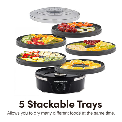 Elite Gourmet EFD319BNG Food Dehydrator, 5 BPA-Free 11.4" Trays Adjustable Temperature Controls, Jerky, Herbs, Fruit, Veggies, Dried Snacks, Black and Grey, 5 Trays