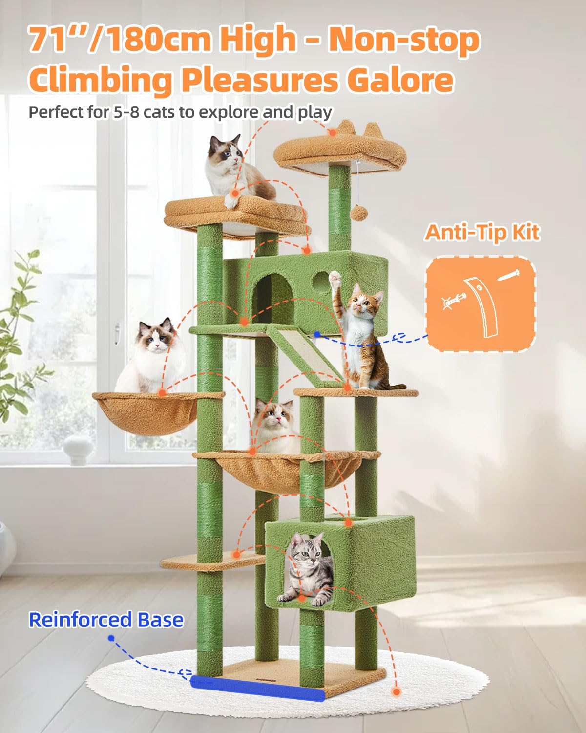 Taoqimiao Cactus Cat Tree, 71-Inch Cat Tower for Indoor Cats Large Adult, Multi-Level Large Cat Condo, 8 Sisal Scratching Posts, Metal Frame Cozy Hammock, Scratch Board, 2 Top Perches, MSC026L
