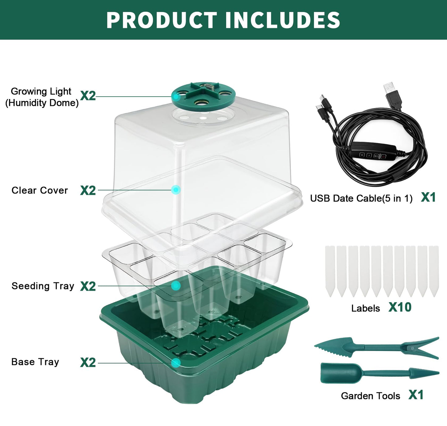 Seed Starter Tray, 2 Pcs Plant Propagation Station with Grow Light,Seedling Starter Trays with Timing Controller,Mini Greenhouse Kit with Humidity Domes and Base,Plant Tray for Seeds Growing Starting