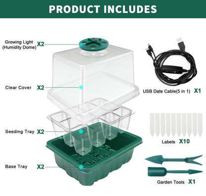 Seed Starter Tray, 2 Pcs Plant Propagation Station with Grow Light,Seedling Starter Trays with Timing Controller,Mini Greenhouse Kit with Humidity Domes and Base,Plant Tray for Seeds Growing Starting