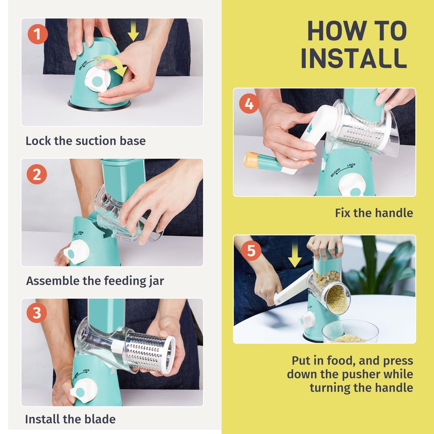 X Home Rotary Cheese Grater for Kitchen, Shredder with 3 Interchangeable Blades, Rotary Grater with Handle and Strong Suction Base, for Vegetables, Fruit, Nuts, Easy to Use and Clean, Blue