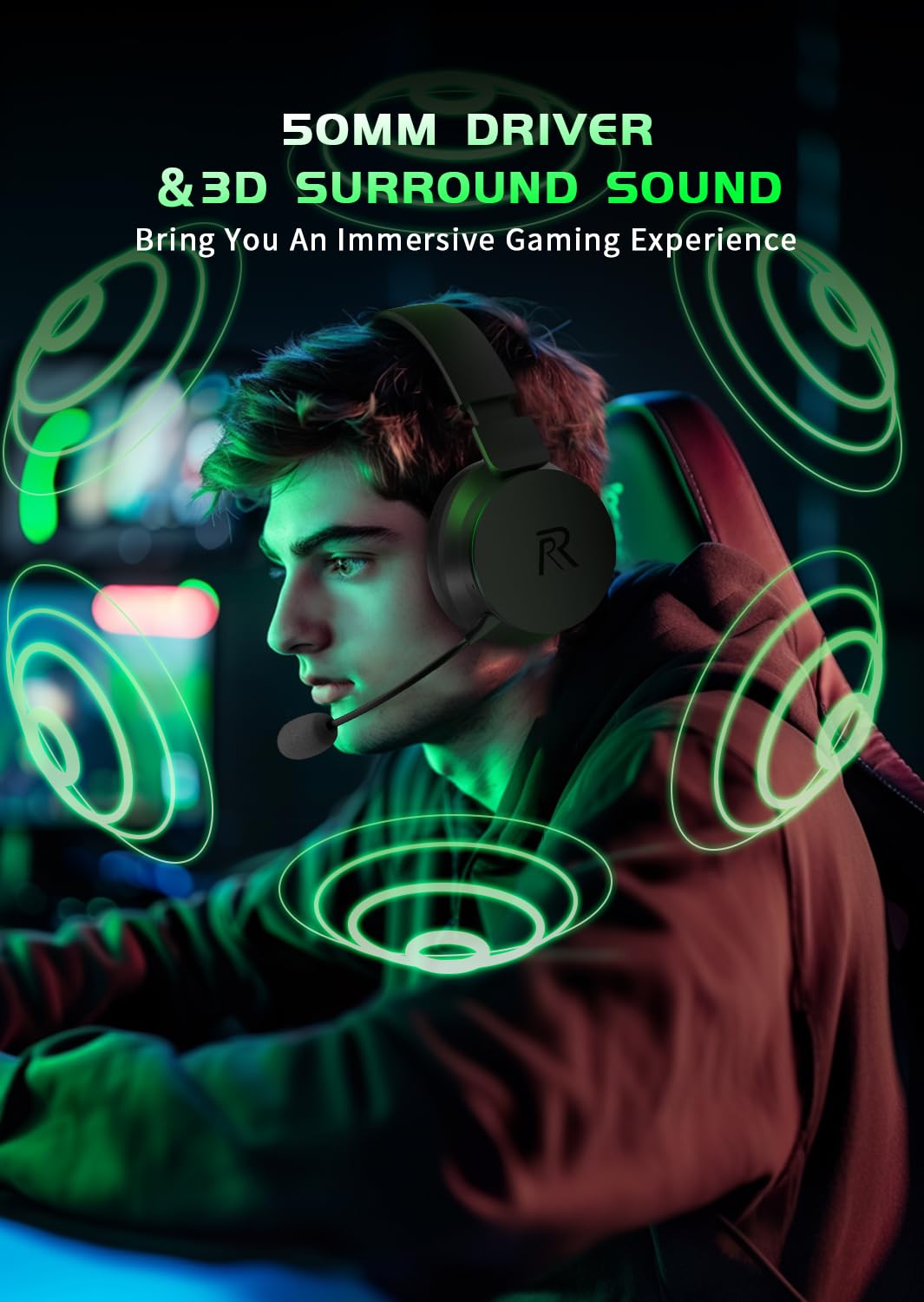 RYR Wireless Gaming Headset for Xbox Series X|S, Xbox One, PS5, PS4, Mac, Bluetooth 5.3, 3D Surround Sound, Rotatable Earmuffs, Gaming Headphones with Noise Canceling Microphones-Blackgreen