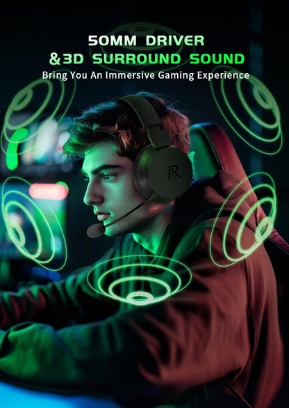RYR Wireless Gaming Headset for Xbox Series X|S, Xbox One, PS5, PS4, Mac, Bluetooth 5.3, 3D Surround Sound, Rotatable Earmuffs, Gaming Headphones with Noise Canceling Microphones-Blackgreen