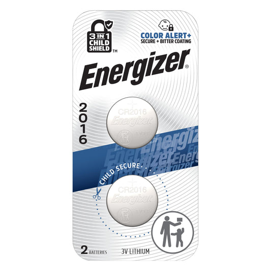Energizer 2016 Batteries (2 Pack), 3V Lithium Coin Batteries With 3-in-1 Child Shield