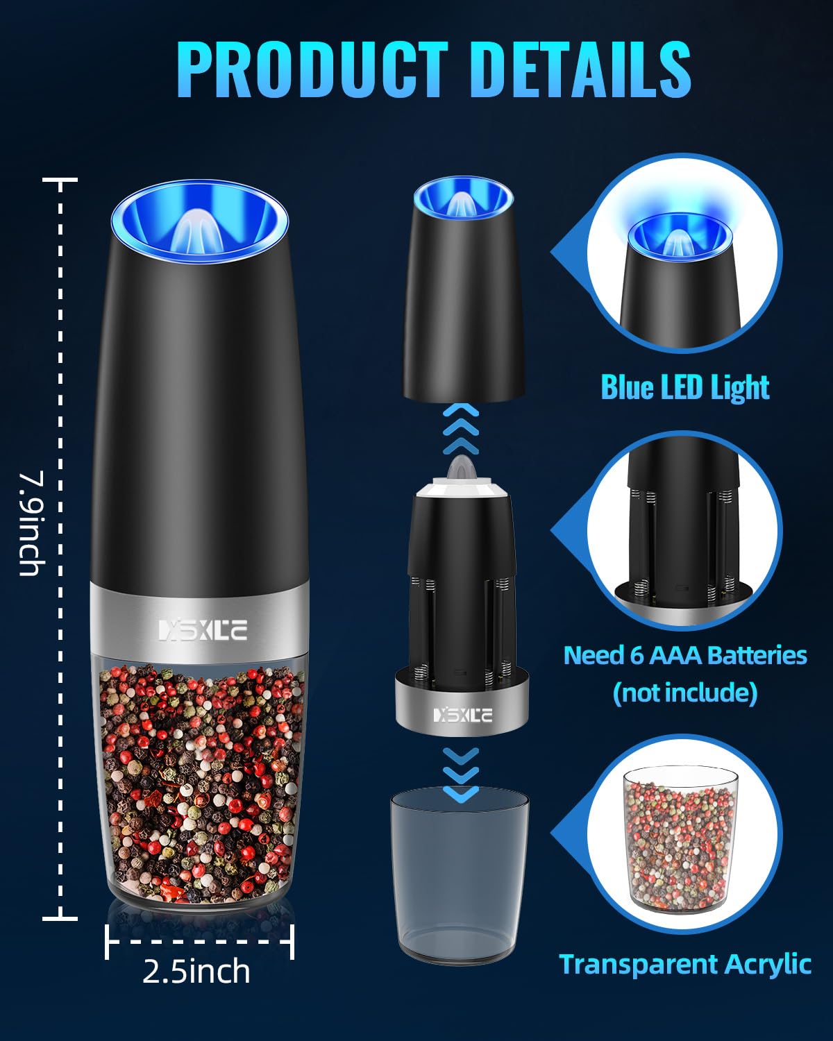 XinXu Gravity Electric Pepper and Salt Grinder Set, Adjustable Coarseness, Battery Powered with LED Light, One Hand Automatic Operation, 2 Pack/Black
