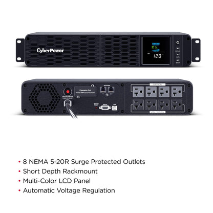 CyberPower CP2000PFCRM2U PFC Sinewave UPS Battery Backup and Surge Protector, 2000VA/1200W, 8 Outlets, AVR, Short Depth 2U Rackmount; UL Certified