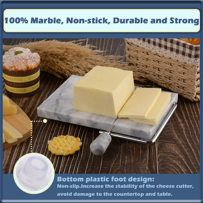SIPARUI Cheese Slicer, Cheese Cutter Heavy Duty 5" x 8", Polished Marble Cheese Slicer Board for Cut Block Cheeses, Butter, Meats, Other Appetizers (White Grey)