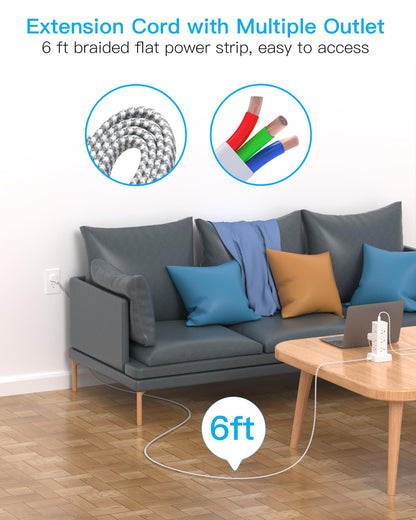 Surge Protector Power Strip Tower, 12 Outlets 4 USB (2 USB C) Desktop Charging Station for Multiple Devices, 6Ft Flat Plug Extension Cord with Multiple Outlets, Home Office College Dorm Essentials