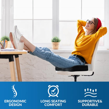 Seat Cushion for Office Chair & Car - Memory Foam Coccyx Support Pillow with Non-Slip Cover, Sciatica & Lower Back Pain Relief,Ergonomic Seat Pad for Long Drives (Medium Firm-Black)