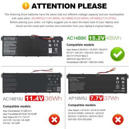 AC14B8K Laptop Battery for Acer Aspire R3-131T R5-471T R5-571T R5-571TG E3-111 E3-112 ES1-511 ES1-512 ES1-531 ES1-520 ES1-111M R7-371T R7-372T V3-111 fits KT.0040G.004, KT0030G.004, 3ICP5/57/80