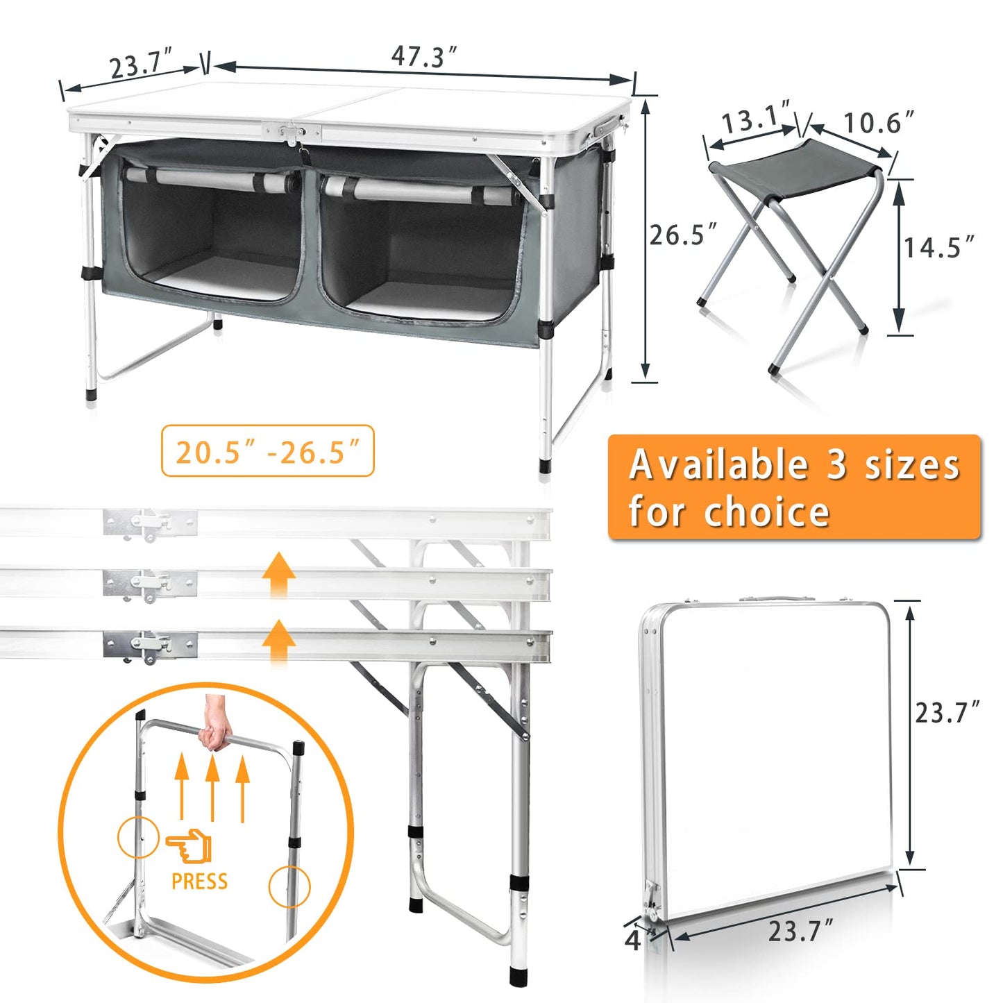 CampLand Outdoor Folding CampingTable with Aluminum Lightweight Height Adjustable with Storage Organizer Picnic Table for BBQ, Party, Camping (WhiteBig)