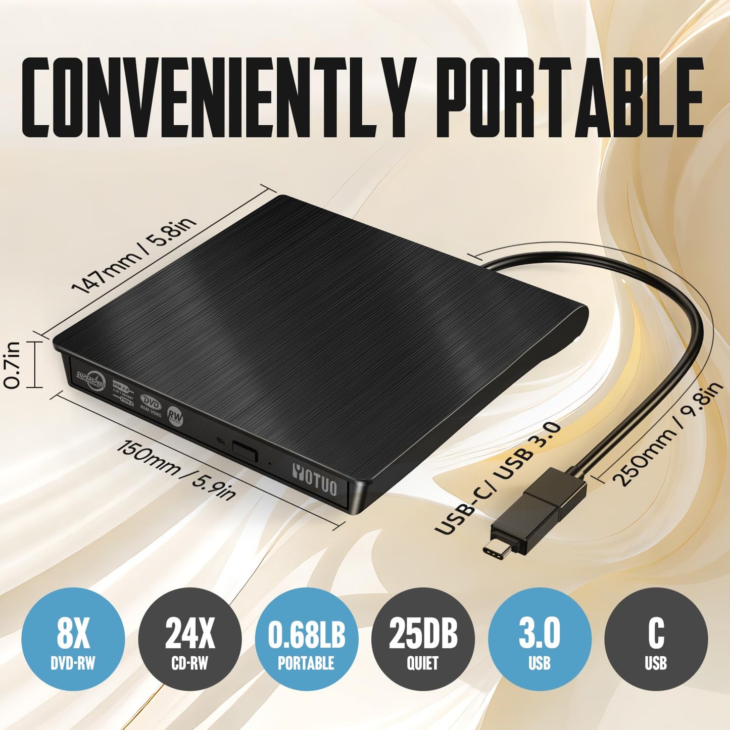 YOTUO External DVD Drive, Portable USB 3.0 CD +/-RW Drive DVD Player for ROM Rewriter Burner for Laptop Desktop, Compatible with Windows 7/8/10/11 Mac MacBook Pro/Air… (DVD Burner)