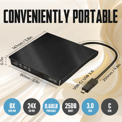 YOTUO External DVD Drive, Portable USB 3.0 CD +/-RW Drive DVD Player for ROM Rewriter Burner for Laptop Desktop, Compatible with Windows 7/8/10/11 Mac MacBook Pro/Air… (DVD Burner)