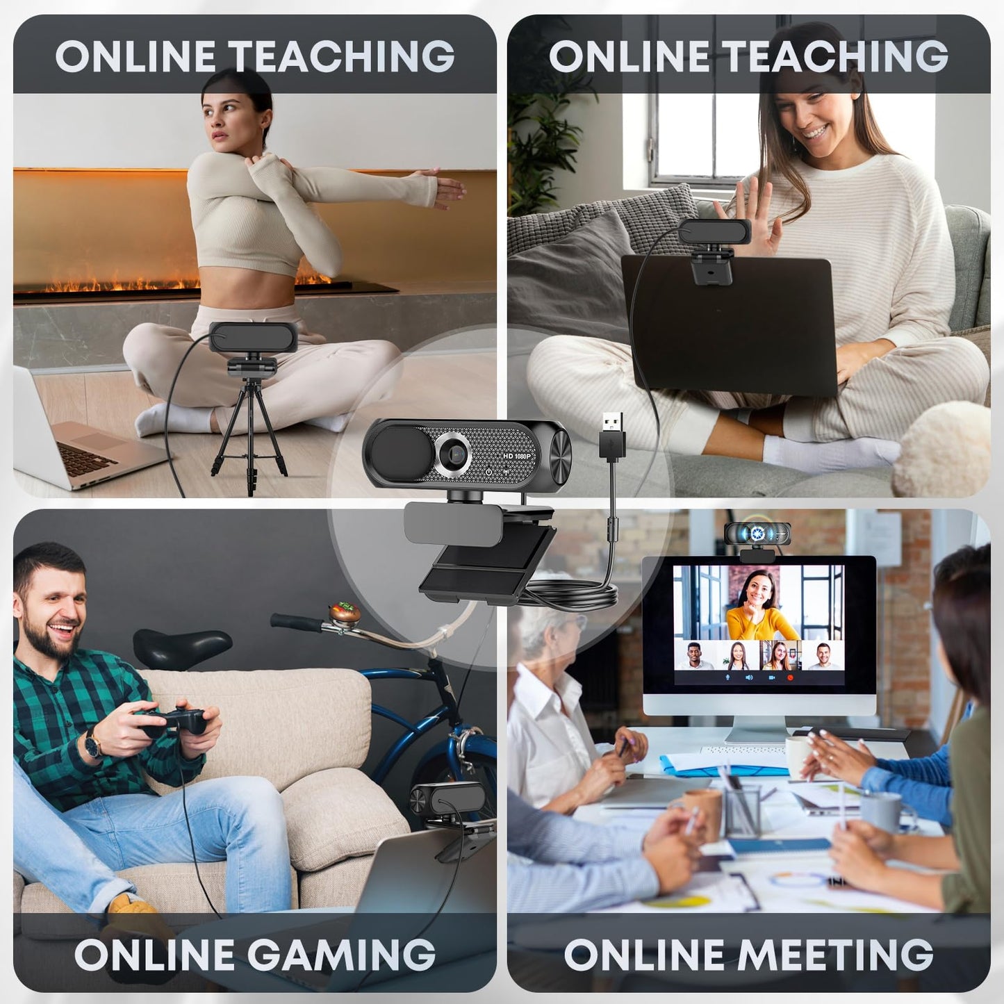 Shcngqio 1080P HD Webcam with Microphone, Noise Cancellation, Privacy Cover, Wide-Angle Lens, Auto Light Correction, Plug & Play USB Webcam for Laptop, Desktop, PC, Mac, Zoom, Skype, Streaming (Black)