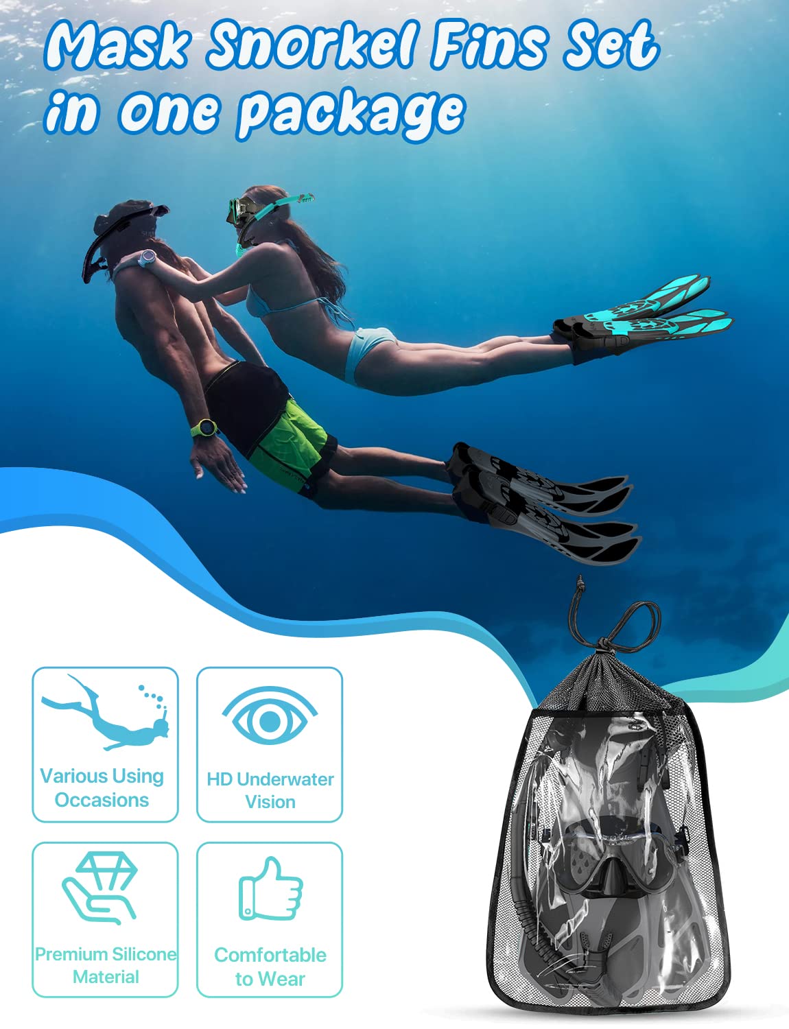 Zenoplige Mask Fins Snorkel Set, Snorkeling Gear for Adults, Panoramic View Snorkel Mask Anti-Fog, Adjustable Dive Flippers, Dry Top Snorkel and Travel Bag, Scuba Gear for Swimming Snorkeling Diving