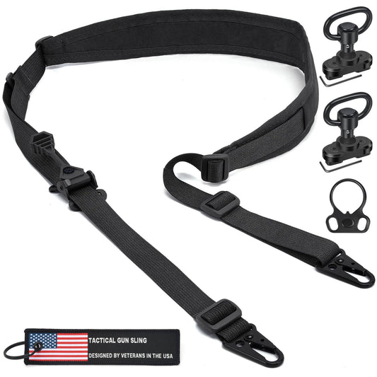 WarBull 2 Point Rifle Sling, QD Swivel Quick Adjust Gun Sling with HK Hook, Soft Shoulder Pad Tactical Rifle Sling for Rifle, Shotgun, Crossbow, Hunting and Outdoor Sports with Keychain Gift (Black)