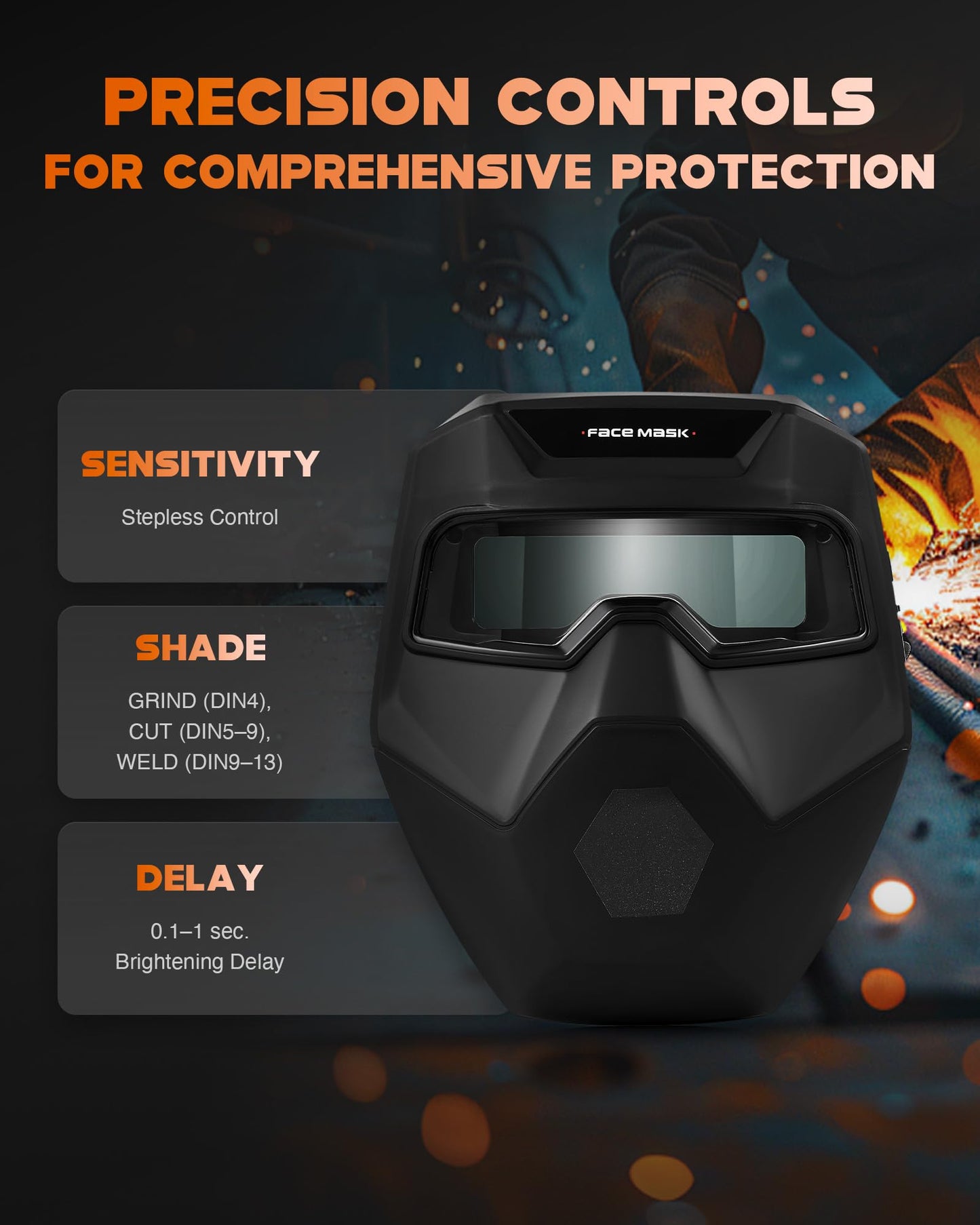CREWORKS Auto Darkening Welding Goggles, Safety Glasses for Men With Wide Shade 4/5-9/9-13, Eye Protection Mask Helmet for Grinding Plasma Cutting TIG MIG Arc, Black