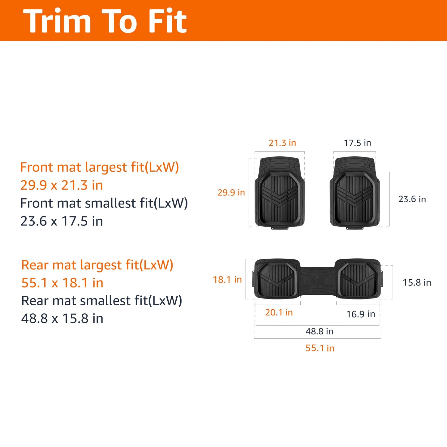 Amazon Basics 3-Piece All-Weather Heavy Duty, Full Set Rubber Floor Mats for Universal Fit in Cars, SUVs, and Trucks, Black, Trim to Customize