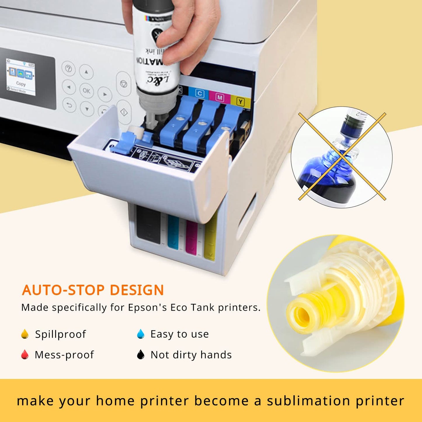 Sublimation Ink for Epson ET2400 ET2720 ET4800 ET-2803 ET-2800 ET-2840 ET-4700 ET-2760 ET-2750 ET-2850 ET-15000 Inkjet Printers Sublimation Ink Refilled Bottles for Heat Transfer Mug T Shirts