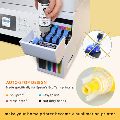 Sublimation Ink for Epson ET2400 ET2720 ET4800 ET-2803 ET-2800 ET-2840 ET-4700 ET-2760 ET-2750 ET-2850 ET-15000 Inkjet Printers Sublimation Ink Refilled Bottles for Heat Transfer Mug T Shirts