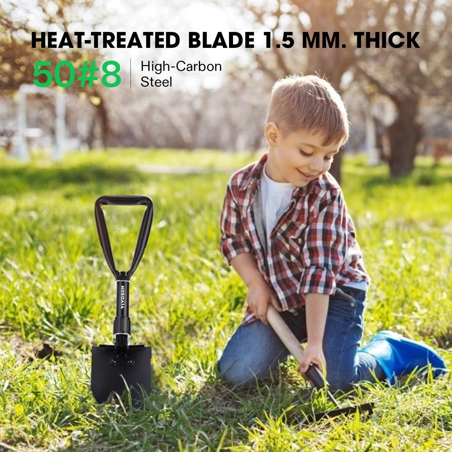 VIVOSUN Folding Camping Shovel, 18'' Survival Shovel, Portable Small Shovel with High Carbon Steel, Tactical Entrenching Tool for Hiking, Digging, Backpacking, Gardening, Off Road, Beach